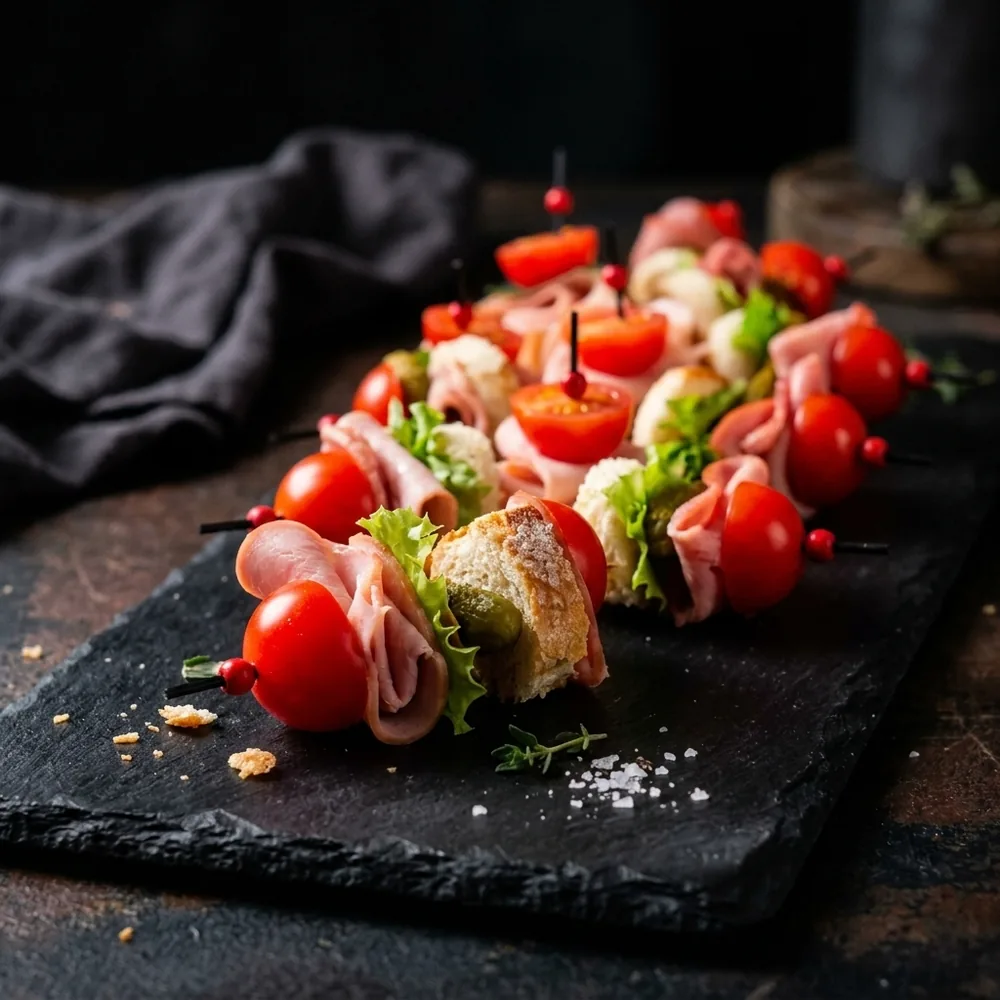 Канапе с говядиной, корнишоном и томатом черри после AI-фуд стайлинга